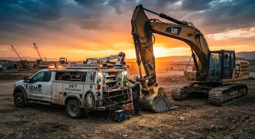 EMS mobile repair technician servicing heavy equipment at a construction site