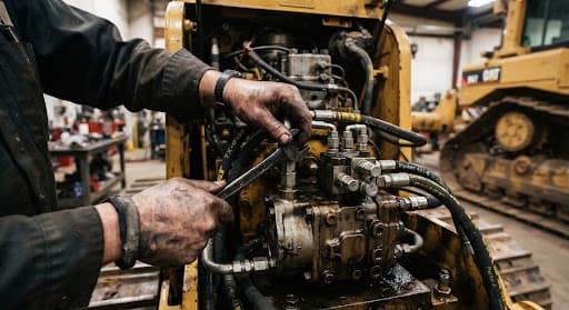 Mechanic servicing hydraulic systems on heavy equipment