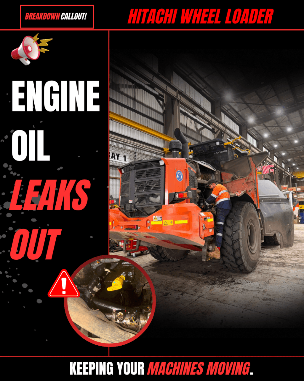 BREAKDOWN CALLOUT - HITACHI WHEEL LOADER — ENGINE OIL LEAKS OUT